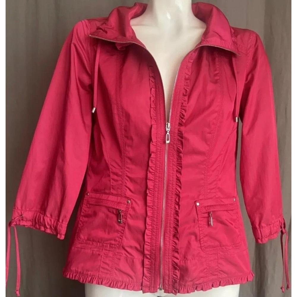 White House Black Market Pink Ruffle Trim 3/4 Sleeve Zip Up Jacket Womens Size 4